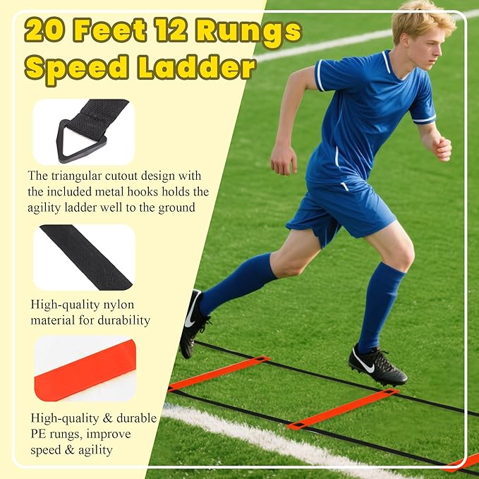 Agility Ladder, Agility Speed Training Set, 20ft 12 Rung Agility Ladder, 4 Agility Hurdles, 5 Resistance Bands, 12 Resistance Cones, Running Parachute, Jump Rope for Athletes, Adults