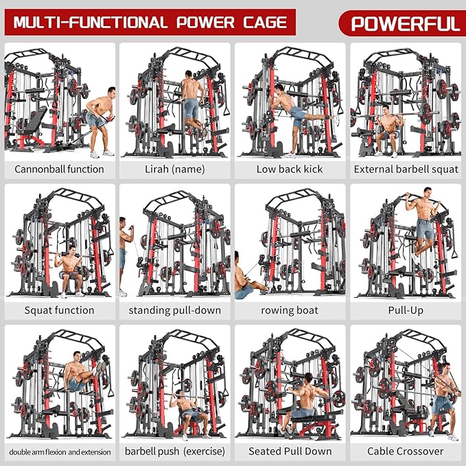 Smith Machine Power Rack Multifunctional Power Cage Deep Squat Rack Cable Crossover System Selectable More Training Attachment for Garage & Home Gym