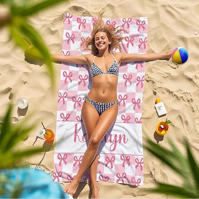 JML Personalized Beach Towel with Name, Custom Beach Towel with Text, Customized Bow Microfiber Pool Towel, Quick Dry & Absorbent Swim Towel for Adult,Anniversary, Birthday, Summer Holiday,Vacation