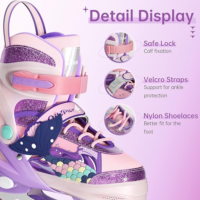 Children's Adjustable Inline Skates with 4-Size Adjustable Fit, Inline Skates with Triple Safety Straps & LED Light Wheels Perfect for Beginners,Ideal Gift for Boys & Girls