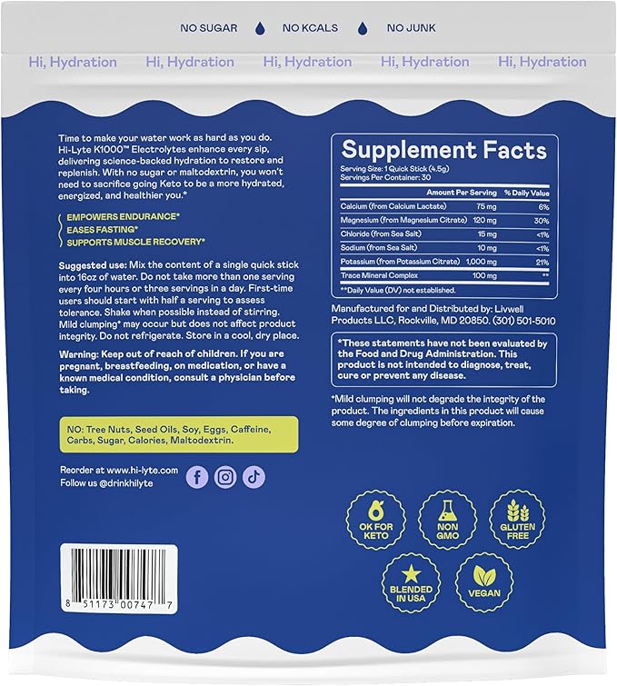 Hi-Lyte Keto K1000 Electrolyte Packets | Unflavored | Hydration Supplement Drink Mix | Boost Energy & Beat Leg Cramps | No Sugar, Stevia, Maltodextrin | 30 Servings