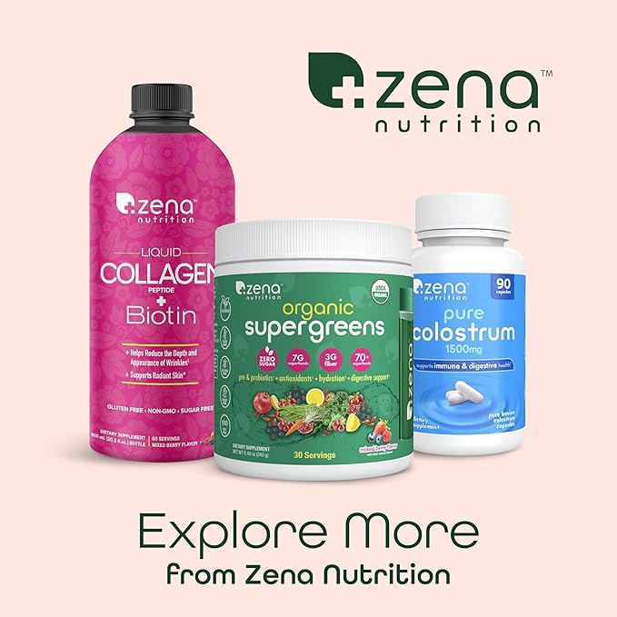Zena Nutrition Liquid Collagen Peptides and Biotin, 2500mg Verisol Bioactive Collagen Peptides, 5000mcg Biotin, Hair, Skin, Nail Supplement for Women and Men, Mixed Berry, 60 Servings, 20.3 fl oz
