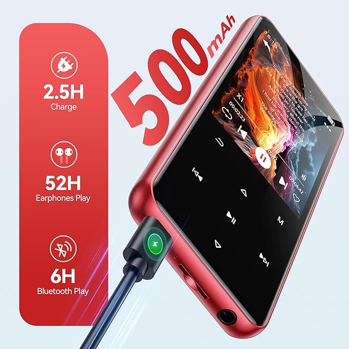 AGPTEK 64GB MP3 Player with Bluetooth, M3 2.4 inch Music Player with Speaker and FM Radio, Touch Buttons, Supports Up to 128GB (Black Red)