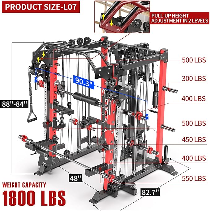 Smith Machine Power Rack Multifunctional Power Cage Deep Squat Rack Cable Crossover System Selectable More Training Attachment for Garage & Home Gym