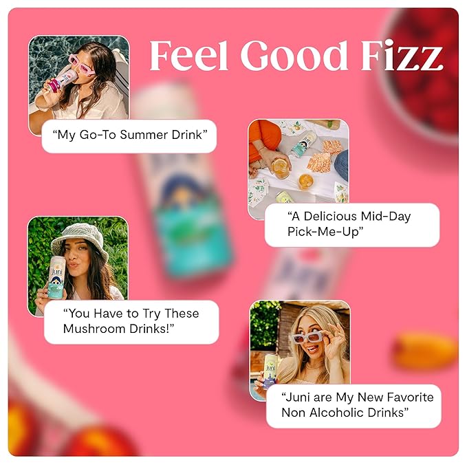 Juni Sparkling Adaptogen Drink with Ashwagandha, Lion’s Mane & Reishi Mushrooms | Green Tea for Focus, Zero Sugar, 5 Calories, Organic | Non Alcoholic Drinks - Raspberry 12 pack