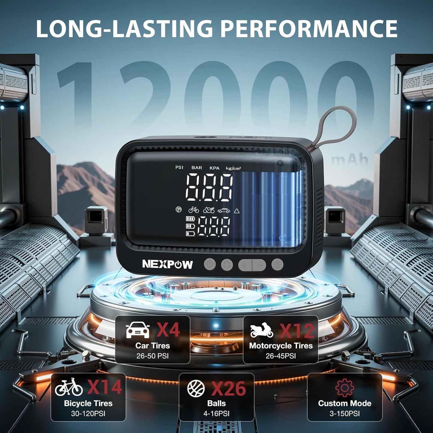 NEXPOW Tire Inflator Portable Air Compressor, 150 PSI Cordless Air Pump for Car Tires with Digital Pressure Gauge & Auto Shut-Off, Air Compressor Portable for Car, Motorcycle, Bicycle, Balls, Gray