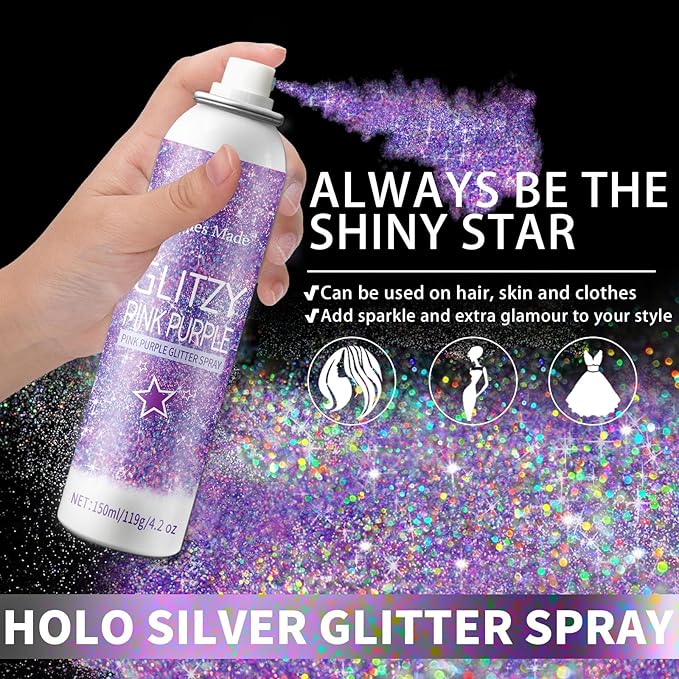 Hair Glitter Body Glitter Spray, 150ML Glitter Hairapray Holographic Purple Glitter Spray for Hair and Boday, Hair Glitter for Kids Women, Body Shimmer Festival Rave and Makeup 4.2 Fl Oz