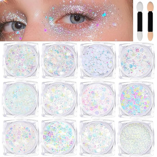 Body Glitter Face Glitter, Hair Glitter for Kids, 12 Shapes Fine Chunky Glitter Gel for Women Girls Makeup Sparkles Party Mermaid Sequins Rave Accessories Singer Concerts Festival (White Scheme)
