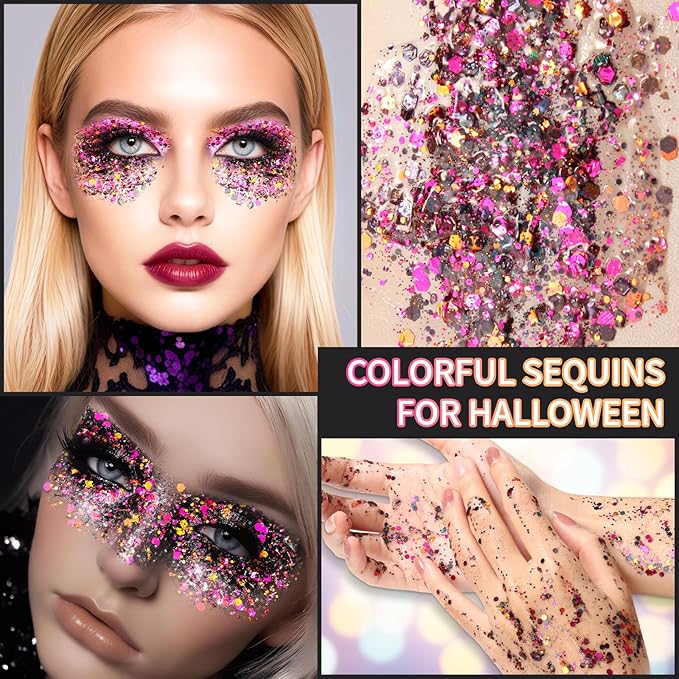 DAGEDA Halloween Body Glitter Gel, Face Glitter Body Gel Sequins Shimmer, Halloween Decor Makeup Chunky Glitter for Face Hair Nails, Holographic Cosmetic Laser Powder Festival Glitter Makeup 50ml