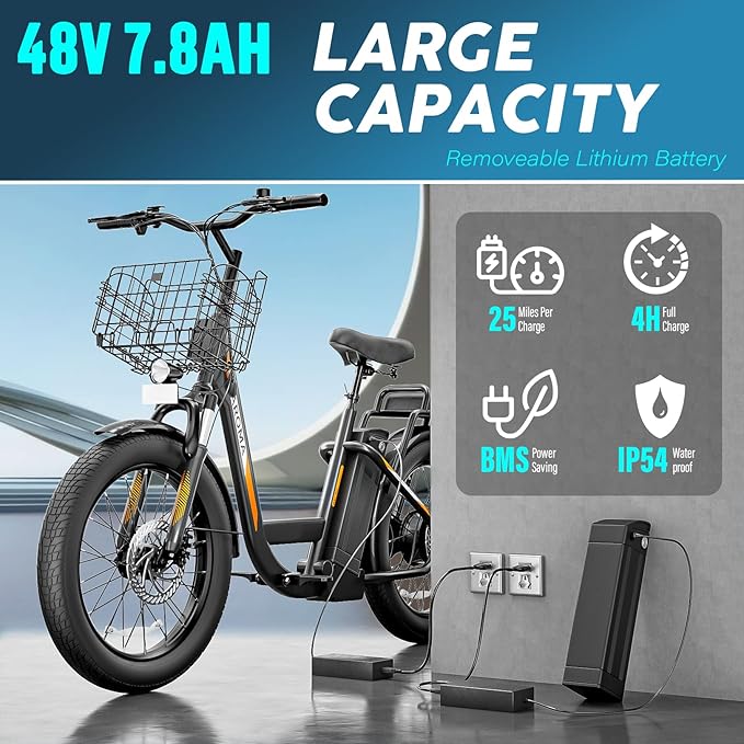 Caroma Electric Scooter with Seat, 48V Removable Battery E-Bike, Up to 30Miles&20MPH, 500/800/1200W Motor, 20" Fat Tire Adult Electric Bicycles for Commuting with Basket