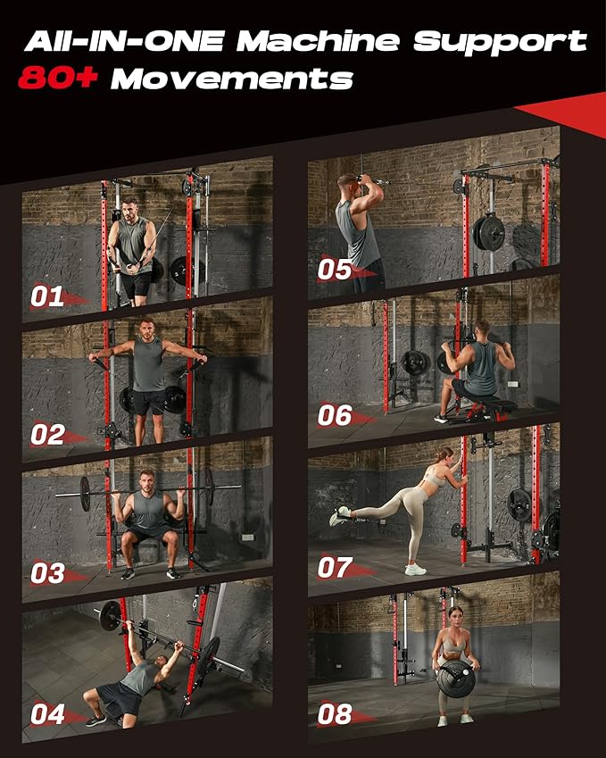 Folding Power Rack, Wall Mounted Squat Rack with Dual Independent Pulley System, Multi-Function Power Cage with 5 Adjustable Function Modes, Power Rack Trainer for Space Saving Home Gym