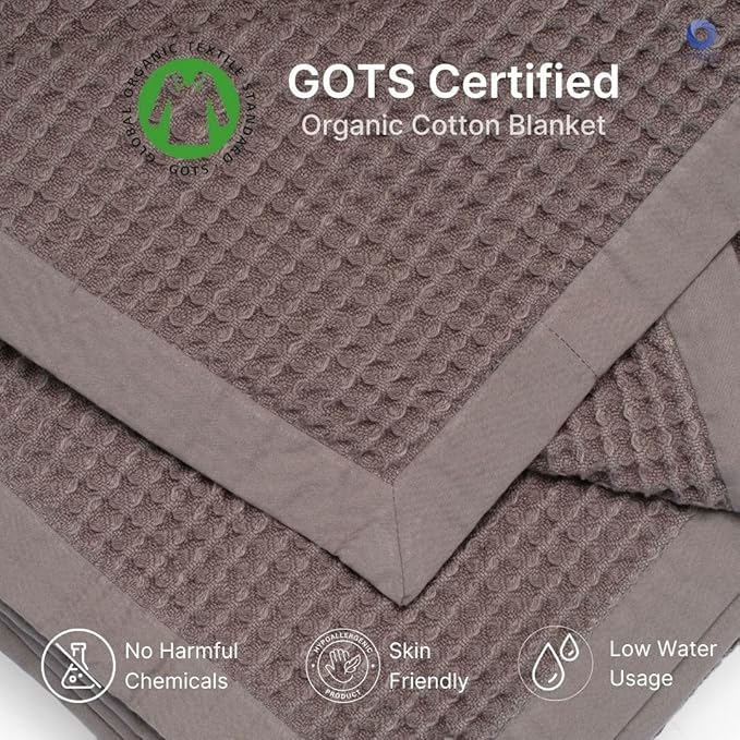 GOTS Certified Organic Cotton Waffle Weave Blanket, Twin Bed Size, 66"X90"Cozy Throw Blanket for Couch, Modern Home Decor, Throw Blankets,Waffle Blanket & Soft Bed Blankets -Charcoal Grey