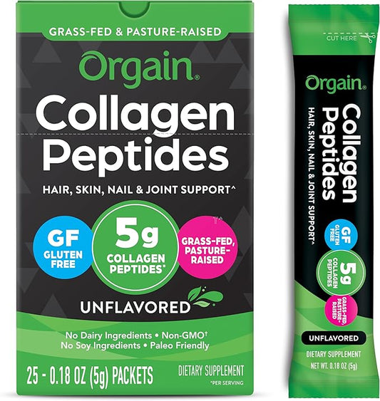 Orgain Hydrolyzed Collagen Peptides Travel Packets For Women & Men - 5g Grass Fed Collagen Per Serving, Hair, Skin, Nail & Joint Support Supplement, Non-GMO, Type I & III - Unflavored (25 Count)