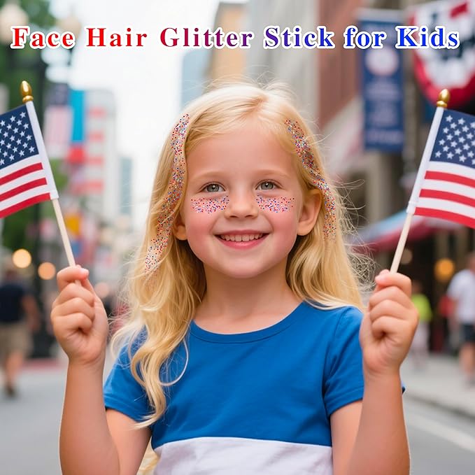 MEICOLY Red White and Blue Face Body Glitter Stick,Hair Glitter Stick for Kids Women,Sparkle Patriotic Pride Chunky Glitter Makeup,4th of July Accessories Outfits for Women