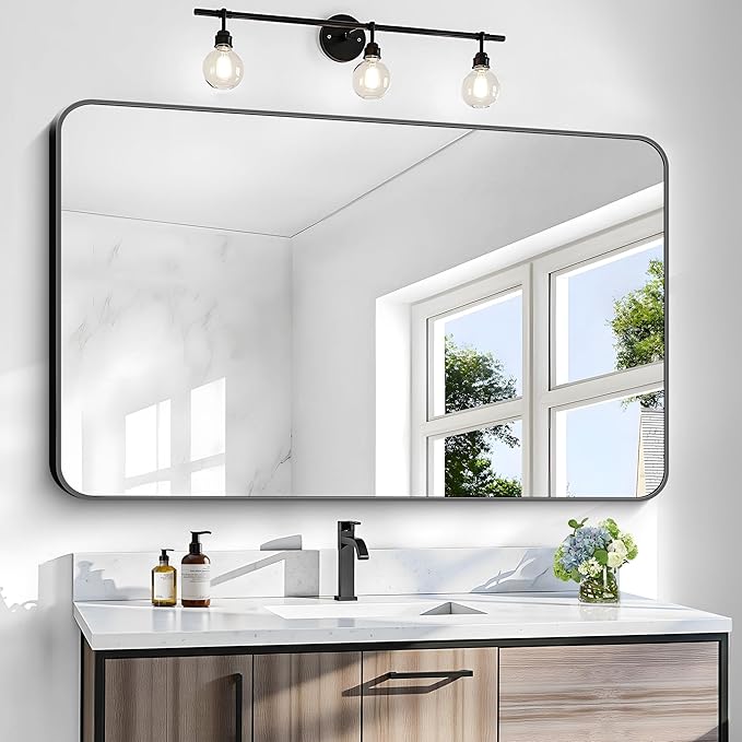 30x48 inch Bathroom Mirror,Black Rectangle Mirror,Wall Mounted Bathroom Frame Vanity Mirror with Round Corner for Bedroom Living Room, Entryway Hangs Horizontal or Vertical