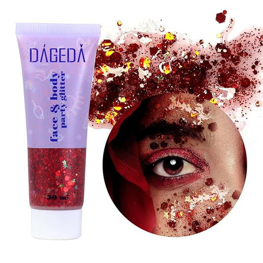 DAGEDA Body Glitter Gel, Face Glitters Body Gel Sequins Shimmer Liquid Eyeshadow, Chunky Glitter for Face Hair Nails, Holographic Cosmetic Laser Powder Festival Glitter Makeup 50ml(Red)