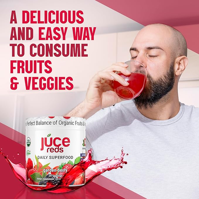 JUCE Reds Organic Superfood Powder - Garden Berry Flavor | Fruit & Veggie Powder for Everyone w/64 Immune Boosting Superfood Plus Probiotics for Gut Health | 20 Servings (230g)