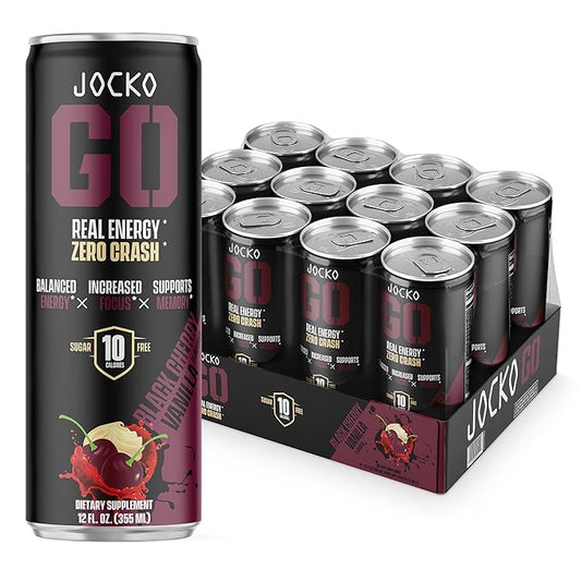 Jocko GO Energy Drink - Keto, Vitamin B12, Vitamin B6, Electrolytes, L Theanine, Magnesium- Energy Boost, Sugar Free Nootropic Monk Fruit Blend - 12 Pack (Black Cherry Vanilla)