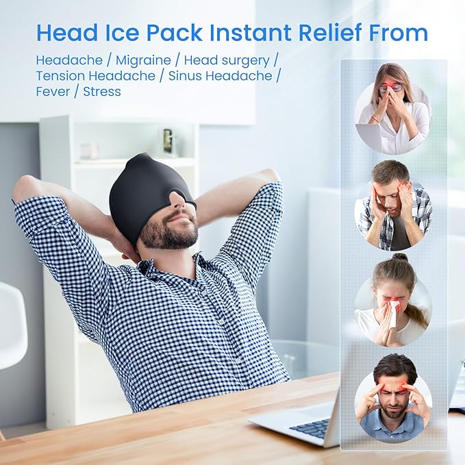 ONLYCARE Migraine Relief Cap, Upgraded Odorless Headache Relief Cap, 360° Gel Surround Ice Pack Mask for Migraine, Sinus, Stress, Frontal Headaches (Black)