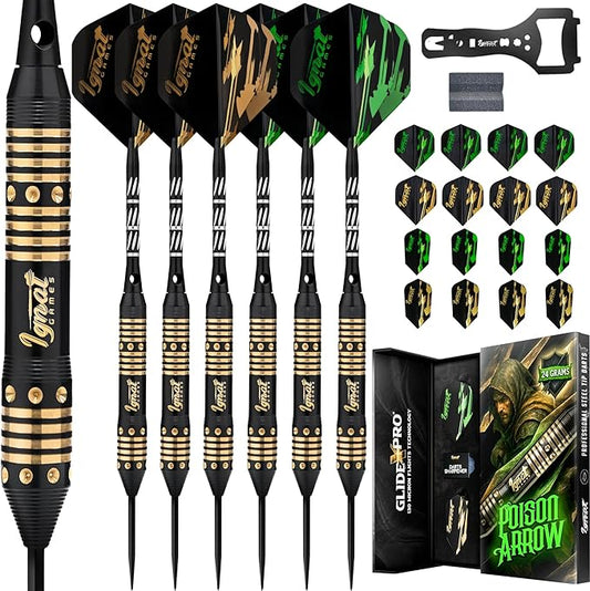 IgnatGames Premium Steel Tip Darts – 3/6/12 Pack Brass Barrels with Aluminum Shafts, 16 GlideXPro Flight Set, Tool Kit & Giftable Case