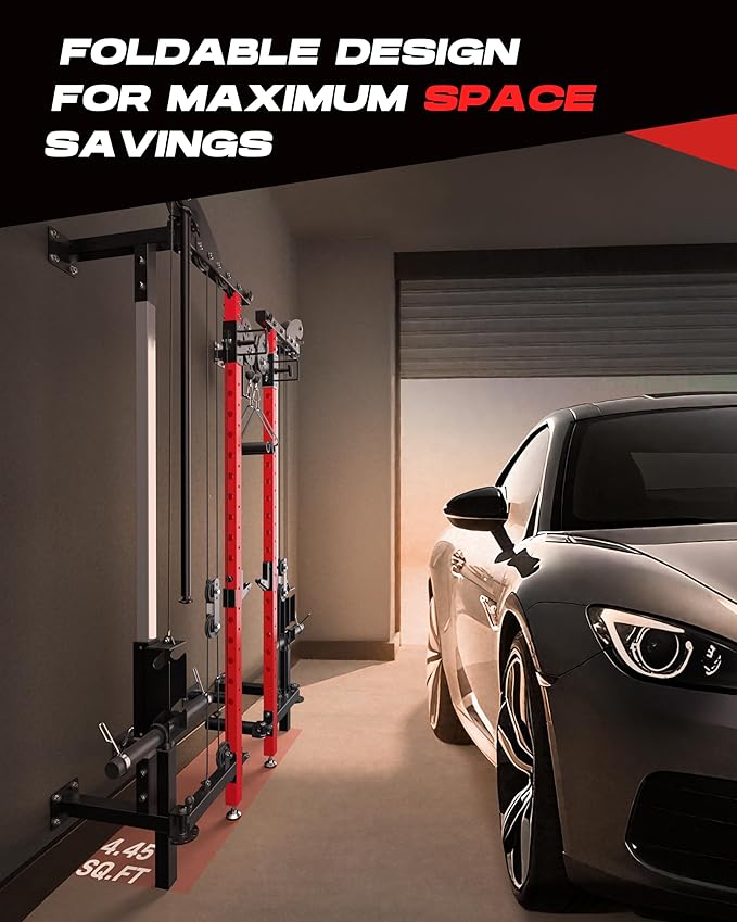 Folding Power Rack, Wall Mounted Squat Rack with Dual Independent Pulley System, Multi-Function Power Cage with 5 Adjustable Function Modes, Power Rack Trainer for Space Saving Home Gym