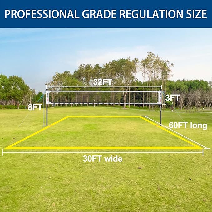 Professional Volleyball Net Set Heavy Duty for Outdoor Backyard Portable with Aluminum Adjustable Height Scoring Poles, Regulation Nets System for Tournament, Grass