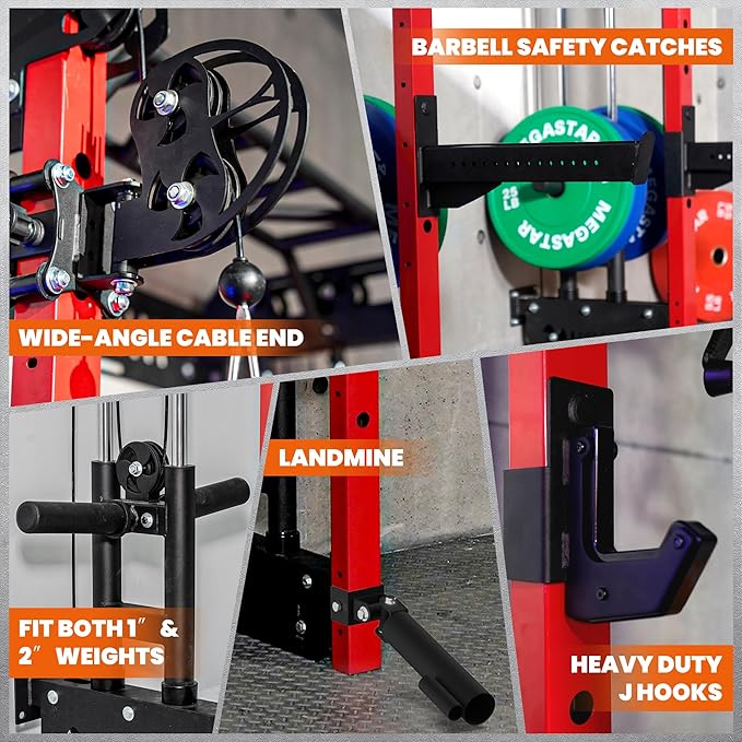 Wall Mounted Power Rack – 1600LB Capacity Compact Commercial Home Gym with Dual Cable Crossover, LAT Pulldown, Multi-Grip Pull-Up Bar & Landmine Attachment for Small Spaces, P67 Striker Red