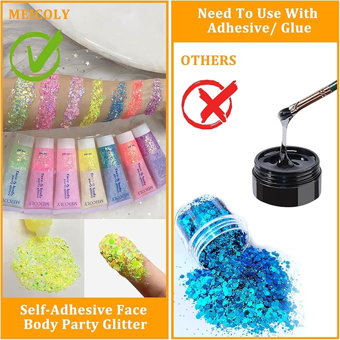 MEICOLY Chameleon Yellow Body Glitter,Chunky Face Glitter for Halloween,Color Changing Mermaid Glitter Face Paint,Holographic Glitter Sequin for Face Body Hair,Festival Party Cheer Glitter Makeup,50ml