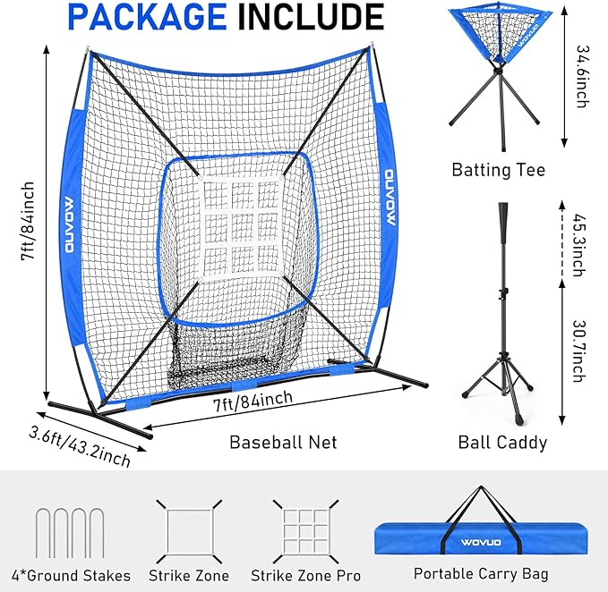 7x7 ft Baseball Net for Batting Pitching Hitting, Softball Pitching Net with Strike Zone, Tee, Ball Caddy, Softball Batting Net Baseball Training Equipment for Kids Adult Youth Sport Practice