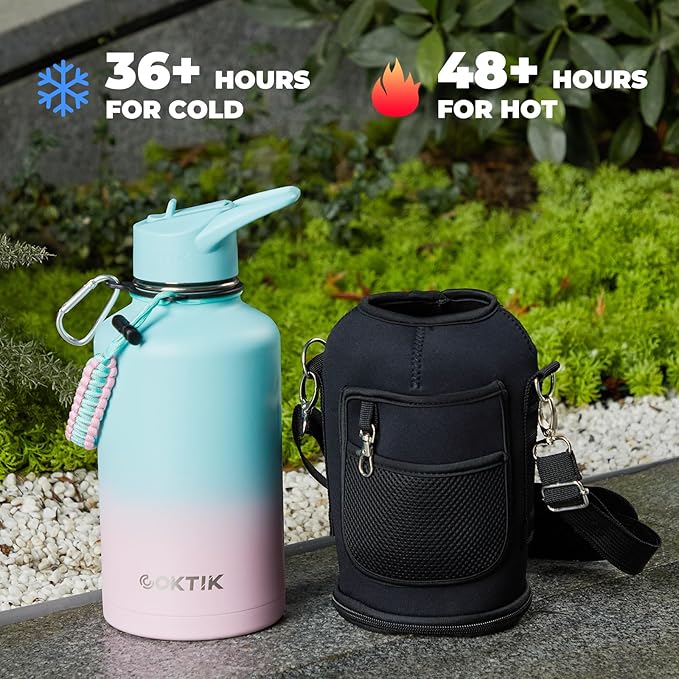 Half Gallon Insulated Water Bottle, 64 oz Triple Wall Stainless Steel Flask, Keeps Drinks Cold for 48 Hrs Leak-Proof & BPA-Free Half Gallon Jug with Paracord Handle, Straw & Spout Lids(Bubble Gum)