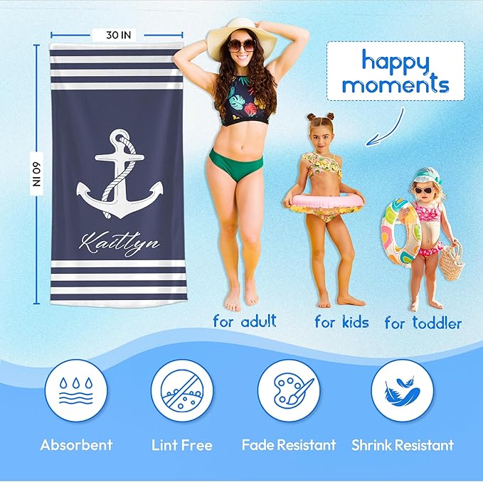JML Personalized Beach Towel with Name, Custom Anchor Beach Towel, Customized Microfiber Pool Towel, Quick Dry & Absorbent Swim Towel for Adult,Anniversary, Birthday, Summer Holiday,Vacation