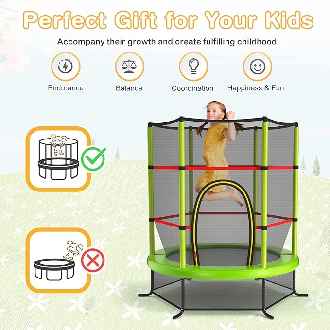 GYMAX Toddler Trampoline, 55” Trampoline for Kids with Bottom-to-Top All-Round Enclosure Net & Seamless Jumping Mat, ASTM Approved Easy Assembly Kids Mini Trampolines Indoor/Outdoor