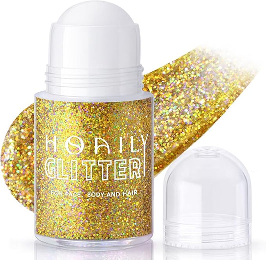 Roll-on Holographic Body Glitter Gel for Face Hair, Chameleon Color Changing Glitter Gel Under Light, Chunky Mermaid Sequins Festival Party Rave Accessories Shimmer Makeup (18# Gold)