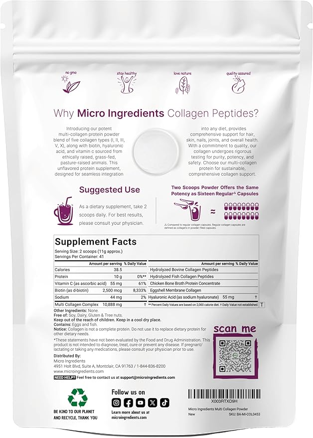 Micro Ingredients Multi Collagen Peptides Powder, 16oz | Type I, II, III, V, X + Biotin, Vitamin C & Hyaluronic Acid | Unflavored | Supports Hair, Skin & Joint Health | Keto, Non-GMO
