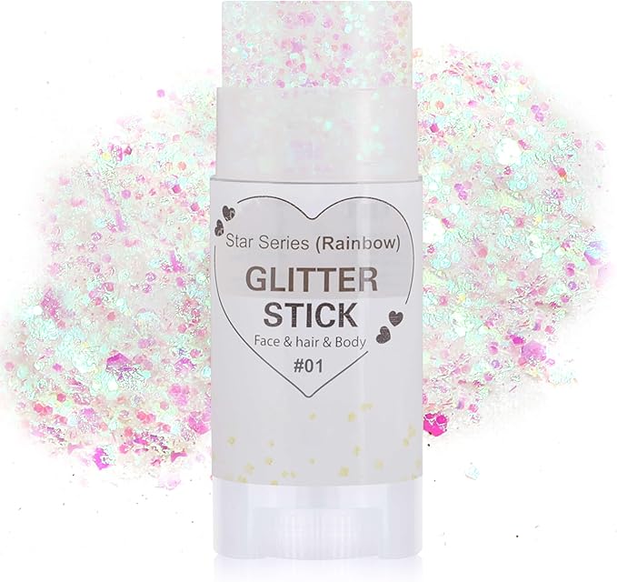 Rainbow White Hair Glitter Stick,Mermaid Costume Body Face Glitter, Singer Concert Star Glitter Makeup for Kids and Women,Waterproof Rave Accessories Sequins Body Paint for Clavicle
