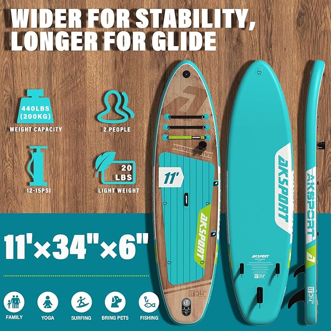 AKSPORT Inflatable Stand Up Paddle Board, SUP Board with All Accessories, Wide Stable Design, Non-Slip Deck, Inflatable Paddle Boards for Youth & Adult