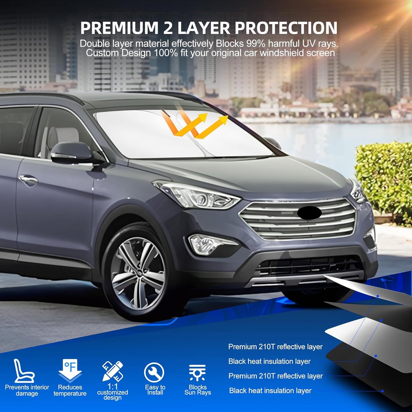 Windshield Sun Shade for H-yund-ai Santa Fe 2013-2018 Foldable Sunshade Custom Fit Front Window Car Interior Accessories Protector Blocks UV Rays