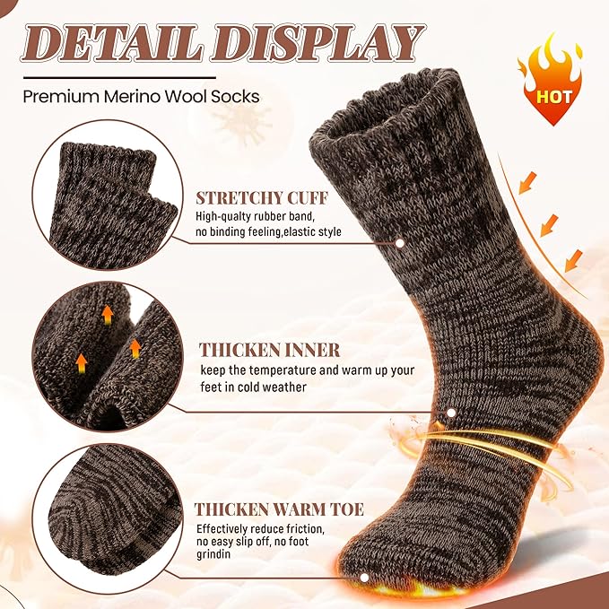 Merino Wool Boot Socks Thermal Winter Ski Thick Warm Hiking Socks for Women Men 3 Pairs