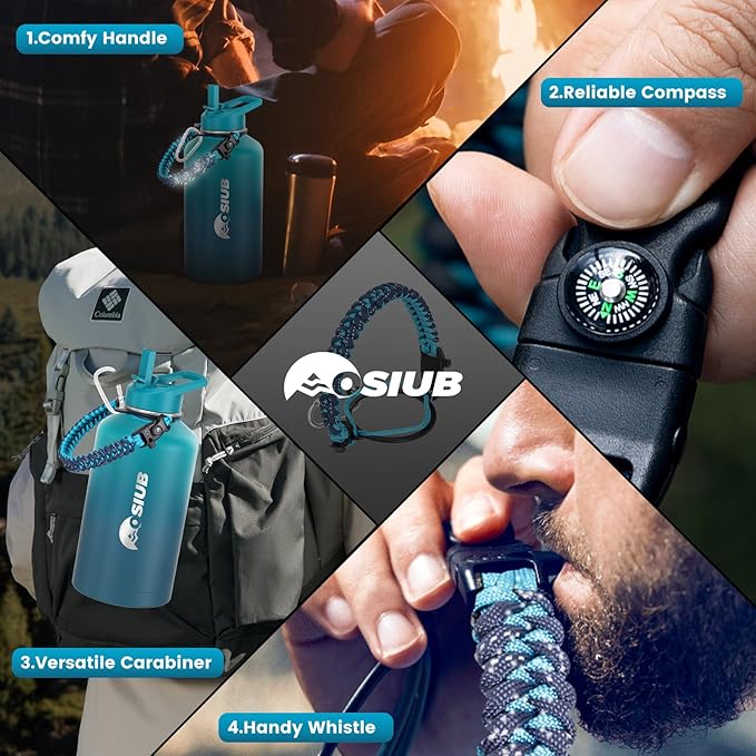 Insulated Water Bottle 64 oz, Triple Wall Vacuum Stainless Steel(Cold for 48 Hrs),Leak Proof & BPA-Free,Half Gallon Water Bottle with Reflective Paracord & Flip Straw for Sports & Travel, CyanBlue