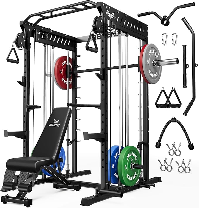 M21 Smith Machine, Multi-Function Power Cage with Dual Pulley Cable Crossover System, 2000LBS All-in-One Squat Rack with Smith Bar and Attachments