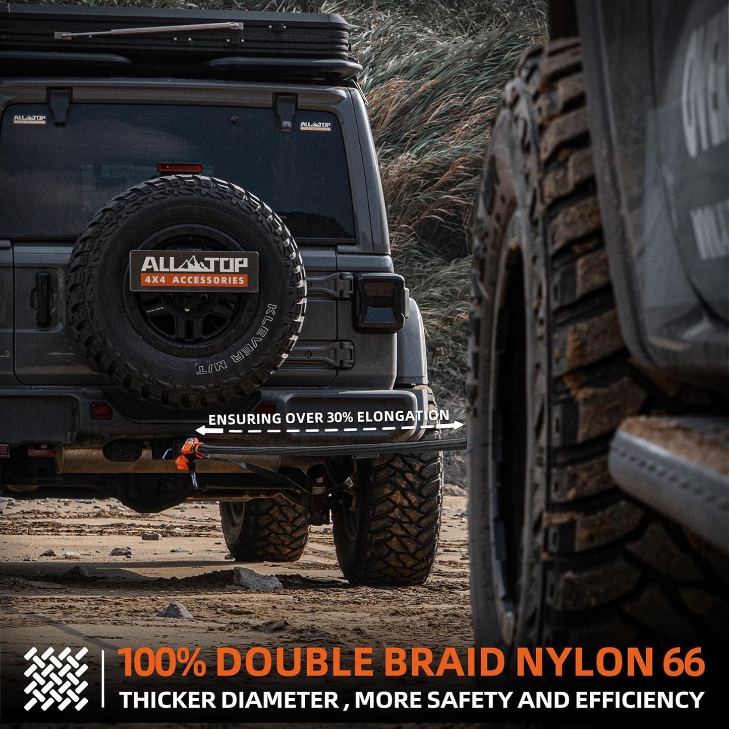 ALL-TOP Kinetic Recovery Rope Kit w/ 2 Soft Shackles, 48000Lbs, 1in x 20ft, Heavy Duty 30+% Elasticity, 16000Lbs Work Load Limit