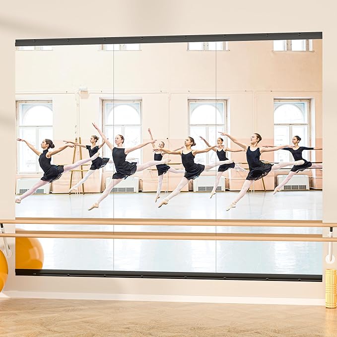 Hasipu 3 Pcs 55''x17'' Home Gym Mirror Large Full Length Wall Mounted Full Body Mirror for Yoga Dance Fitness Exercise Studio Bedroom Garage, Frameless Tempered Glass Workout Mirrors Black Rectangular