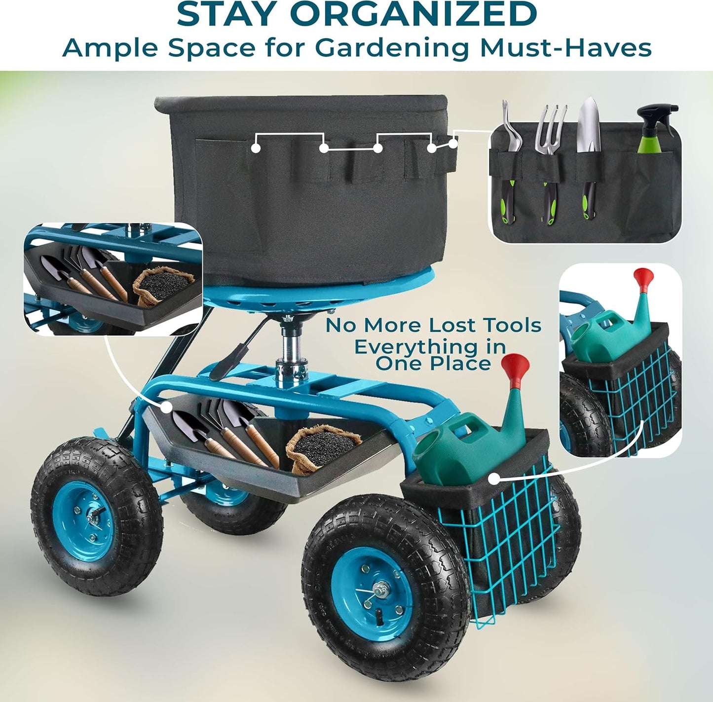 Garden Seat with Wheels – Adjustable 360° Swivel Gardening Stool with Hydraulic Height Adjustment, Ergonomic Backrest, and Tool Storage – Rolling Stool for Garden, Yard, and Outdoor Use