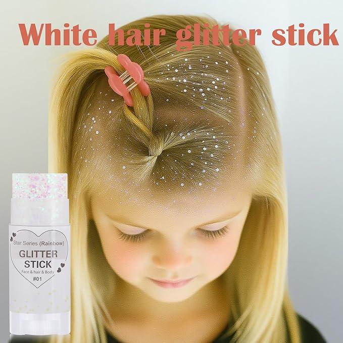 Rainbow White Hair Glitter Stick,Mermaid Costume Body Face Glitter, Singer Concert Star Glitter Makeup for Kids and Women,Waterproof Rave Accessories Sequins Body Paint for Clavicle