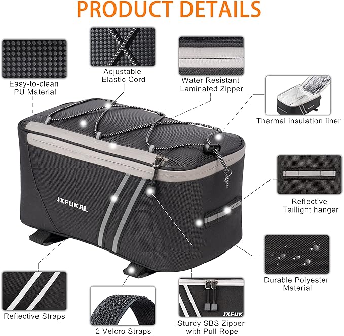 JXFUKAL Rear Bike Rack Bag with Rain Cover, 7L/9L/10L/12L Waterproof Bicycle Ebike Saddle Bag Cycling Pannier Trunk Carrier with Reflector & Adjustable Cord for Commuter Travel Outdoor