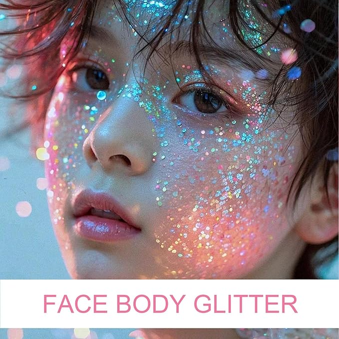 Body Glitter Gel - 4th of July Accessories, Sparkly Chunky Glitter Hair for Kids Women, Iridescent Glitter Freckles, Singer Concert Festival Rave Accessories (Mermaid Glitter)