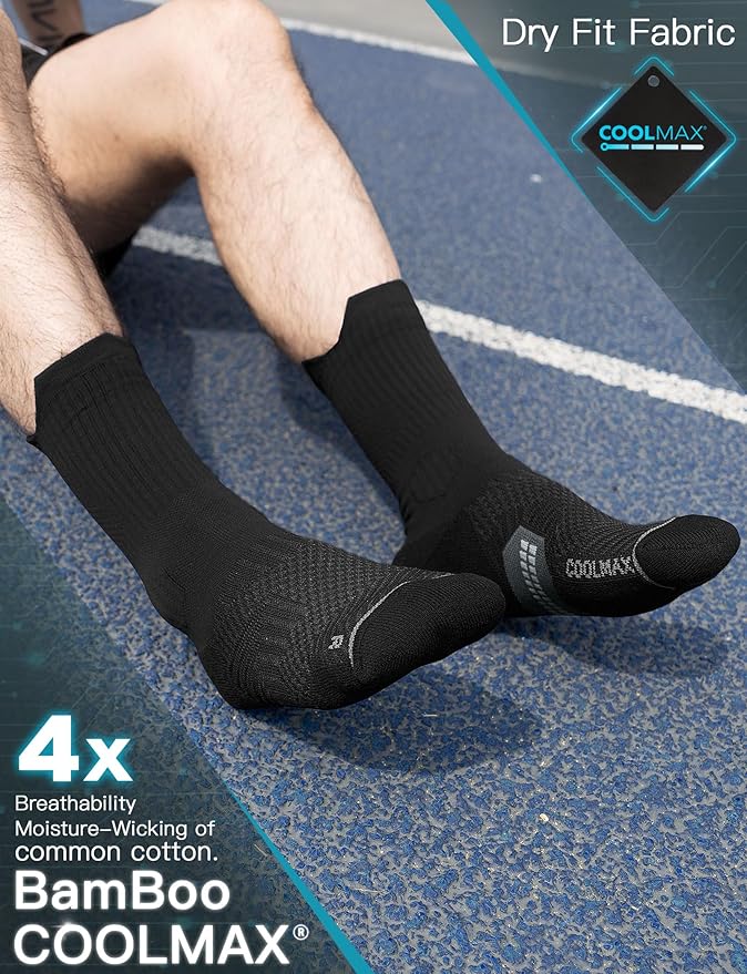 Mens Bamboo Viscose Coolmax Crew Compression Running Socks Athletic Hiking Workout Moisture Wicking Anti-Blister
