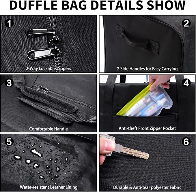 52 Inch Large Duffle Bag for Travel Camping Sport Equipment Storage Bag with 2-way Lockable Zippers (Black)