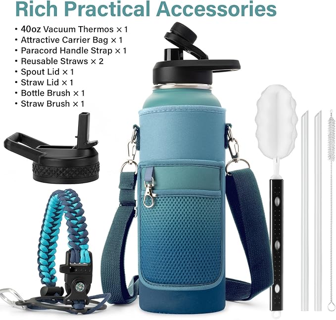 Insulated Water Bottle | Thickened Stainless Steel Vacuum Metal | Portable Sports Water Jug for Gym and Hiking with Straw, Carrier Bag, Handle Strap | BPA-Free 40 oz