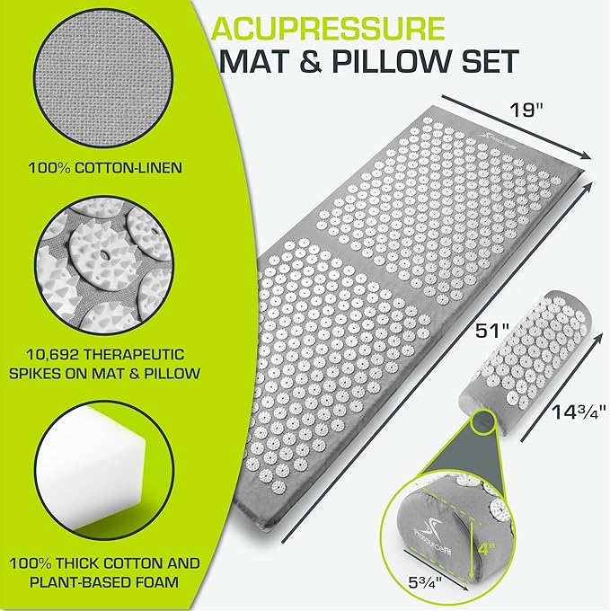 ProsourceFit Acupressure Mat and Pillow Set for Back/Neck Pain Relief and Muscle Relaxation, Large - Gray/Gray